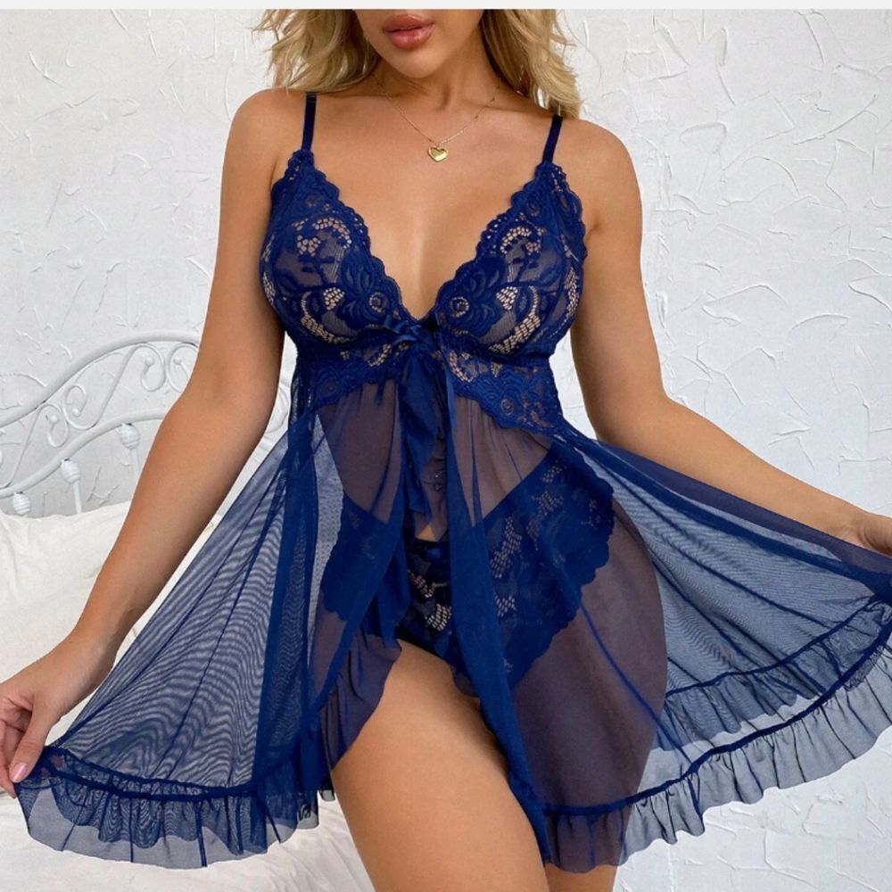 Blue Women Sexy Lingerie Lace Babydoll Chemise Sleepwear With Thong Set